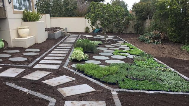 A long landscaped view across a Western Cape garden
